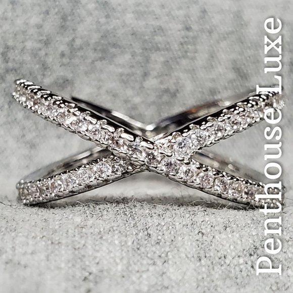 Penthouse Luxe Jewelry - Criss Cross Cubic Zirconia Paved Silver Ring